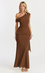 Minnie Two Piece Top and Skirt Set - Drape Off Shoulder Top and Maxi Skirt in Chocolate