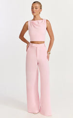Helen Two Piece Set - Crepe Twisted Top And Wide Leg Pants in Pink
