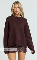 Amanda Top - Crew Neck Long Sleeve Knit Sweater in Burgundy
