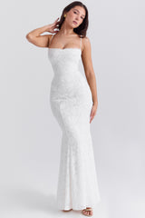 ivory lace up back maxi dress