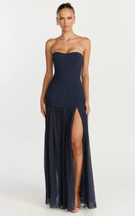 Jocelyn Maxi Dress - Strapless Ruched Fit And Flare Dress in Navy