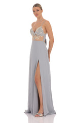 Embroidered Floral Cutout Maxi Dress in Grey