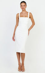 Tiffy Midi Dress - Square Neck Ruched Bodycon Dress in White