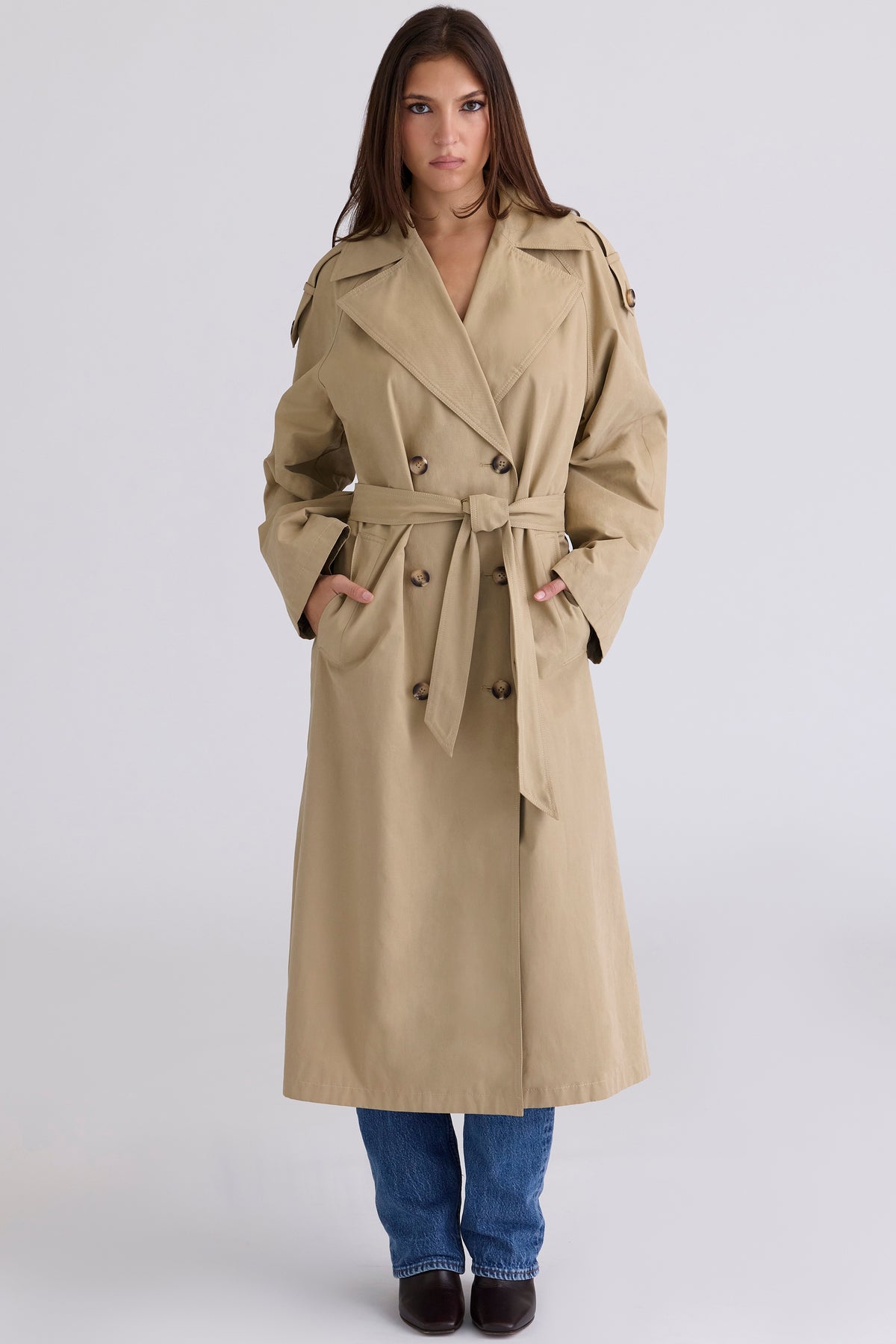 camel belted full trench coat