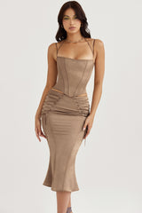 latte satin lace up midi skirt