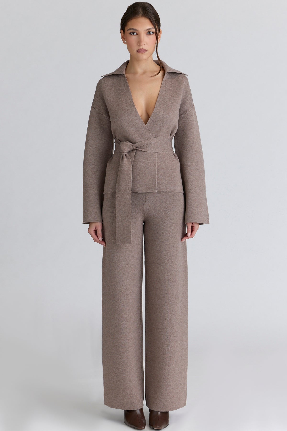 taupe wool wide leg trousers