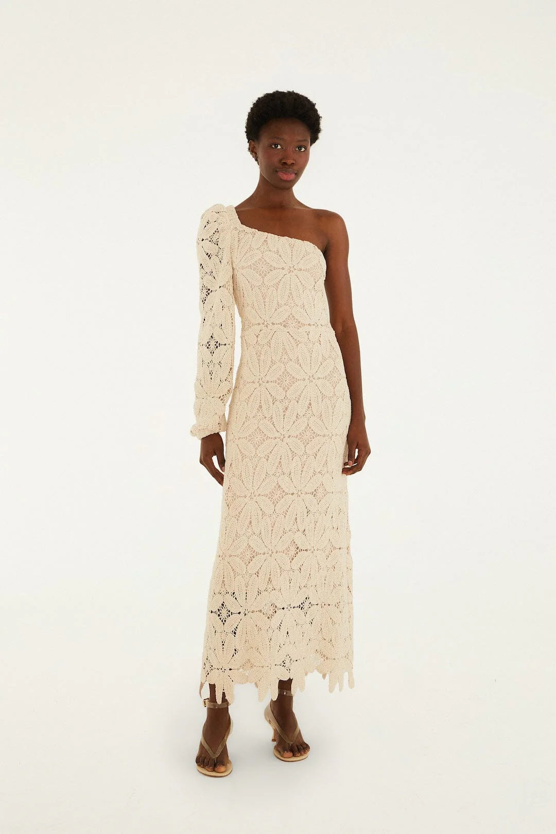 Off-White One-Shoulder Crochet Flower Maxi Dress
