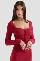 red fitted long sleeve top