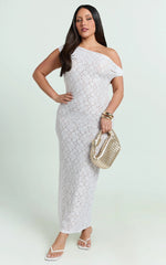 Sally Midi Dress - Stretch Lace Twist Off Shoulder Dress in White