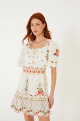 Off-White Flower Embroidery Scalloped Mini Dress