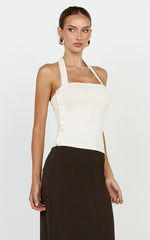Julie Top - Tie Halter Button Detail Top in Ivory