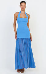 Barbara Maxi Dress - Halter Scoop Neck Contrast Georgette Dress in Cornflower Blue