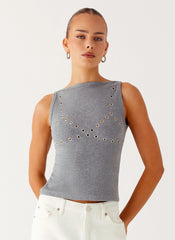 Drop Top Ribbed Eyelet Tank Top - Marle Grey