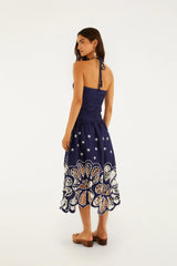 Navy Blue Embroidered Richelieu Midi Dress