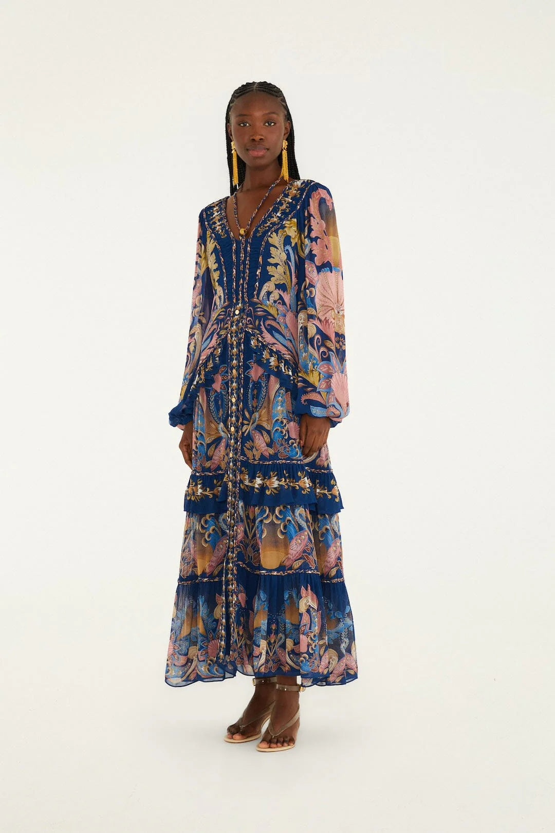Navy Blue Sea Garden Braid Details Maxi Dress